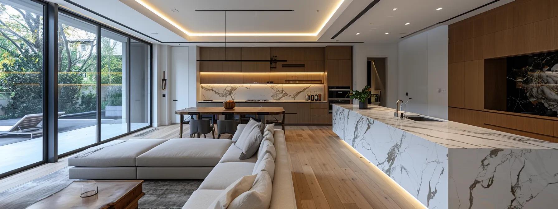 a sleek, contemporary living room featuring luxurious italian marble countertops, hand-sanded hardwood floors, and intricate custom millwork, illuminated by soft, warm lighting to highlight the craftsmanship and unique design elements of a modern custom-built home.