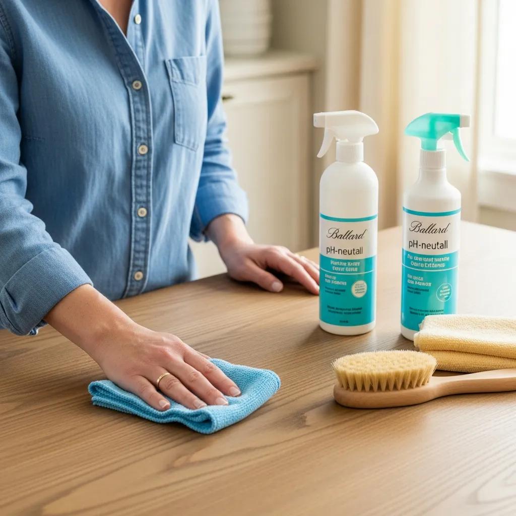 Homeowner maintaining Ballard furniture finishes with cleaning supplies and a microfiber cloth