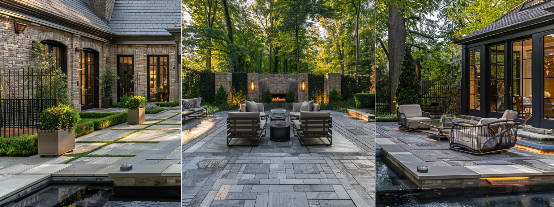 a luxurious custom home features a secluded terrace with elegant outdoor furniture, surrounded by beautifully designed landscaping, a tranquil resort-style pool, and strategically placed fencing for enhanced privacy, all under soft, ambient lighting that creates a serene atmosphere.