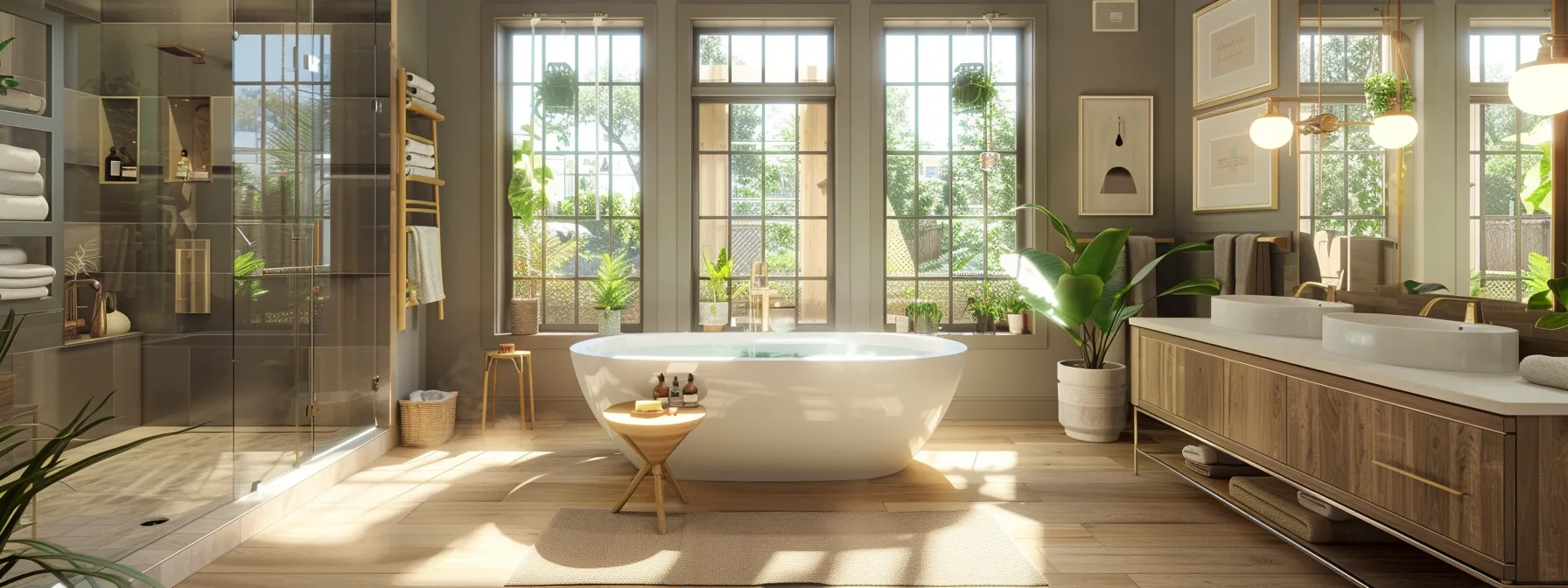 a luxurious spa-inspired bathroom features a stunning freestanding soaking tub as a centerpiece, flanked by elegant multi-head showers and a sleek steam room, all set against a backdrop of warm, heated flooring and high-end fixtures that evoke a serene, indulgent atmosphere.