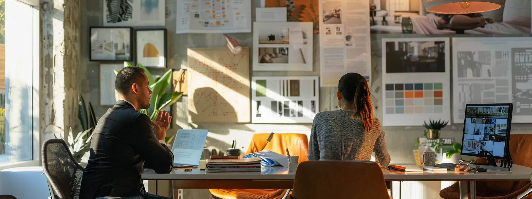 a modern, bustling office environment showcases a project manager discussing architectural blueprints with a client at a sleek conference table, surrounded by vibrant mood boards and renovation samples, illustrating the collaborative home renovation process in ballard.