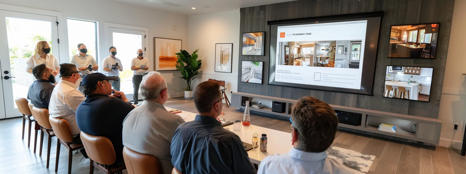 a professional meeting room showcasing an engaging presentation on home renovation options, featuring a large screen displaying impressive before-and-after project visuals and a diverse group of attentive homeowners discussing their renovation goals.