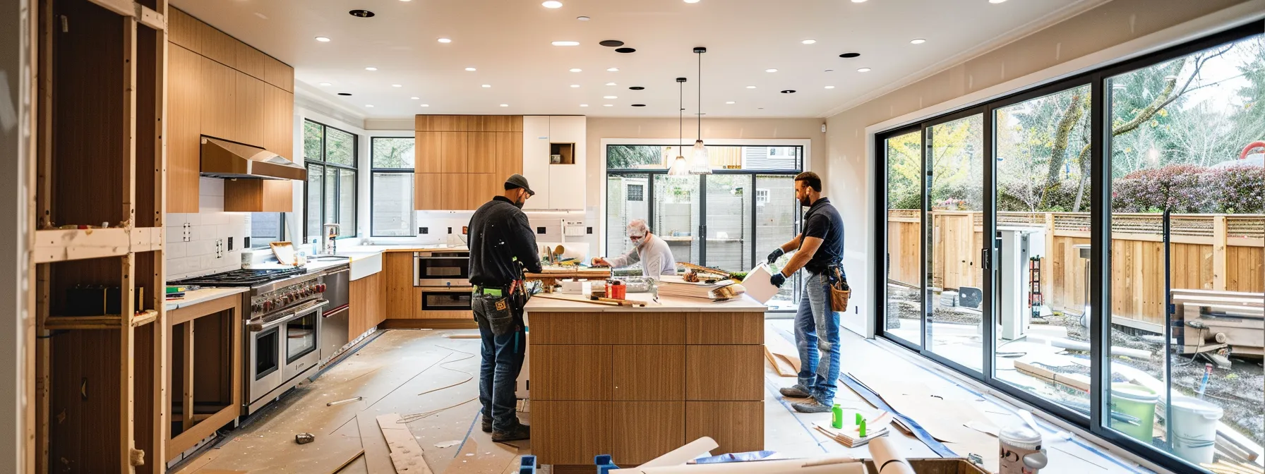 a sleek, modern kitchen under renovation, featuring professional contractors carefully discussing blueprints and materials in a well-lit ballard home, emphasizing craftsmanship and tailored design for enhanced living spaces.