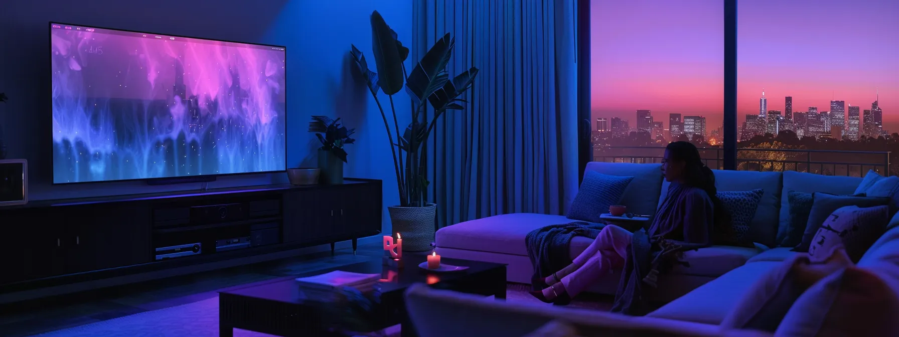 a sleek, modern living room showcases a sophisticated smart home system with elegantly integrated touchscreens controlling ambient lighting, climate, and a state-of-the-art audio-visual setup, all framed by luxurious furnishings that emphasize comfort and technology.