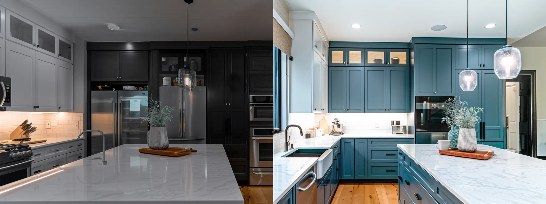 a stylish, modern kitchen renovation showcases sleek cabinetry, elegant countertops, and innovative lighting in a chic urban setting, highlighting the transformative power of home improvement services.
