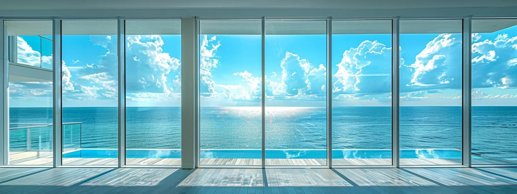 a luxurious coastal home in vero beach features expansive floor-to-ceiling glass walls overlooking the shimmering ocean, complemented by a stylish wrap-around deck and a serene infinity pool, embodying the ultimate blend of modern elegance and outdoor living.