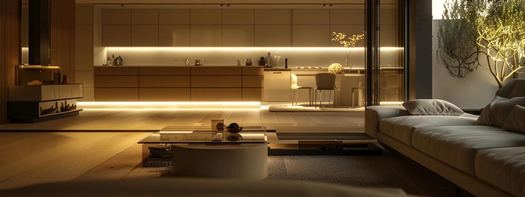 a luxurious modern home interior showcases a bespoke living space with custom cabinetry, tailored color schemes, and elegantly designed multi-use areas, all illuminated by soft ambient lighting to create a welcoming atmosphere that reflects the unique tastes and lifestyle of its owner.