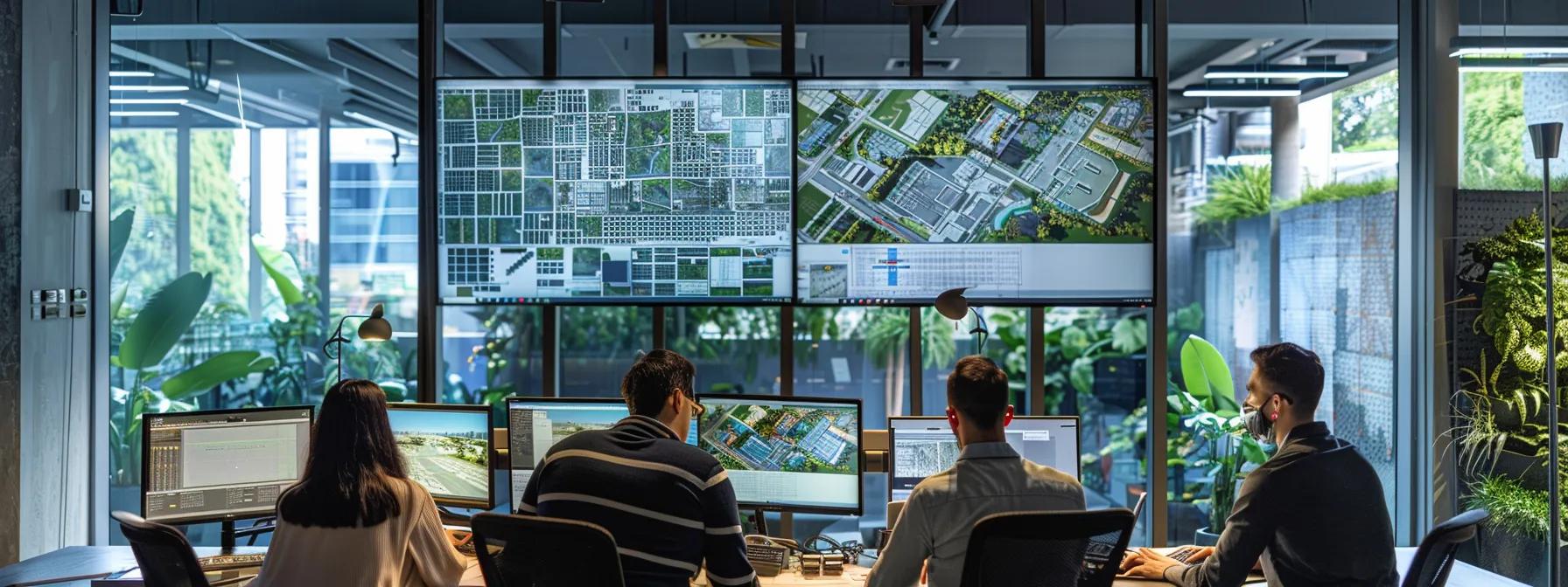 a modern architectural office with sleek glass walls displays detailed blueprints and digital maps on large screens, while professionals engage in a focused discussion about selecting optimal building sites in a vibrant urban setting resembling vero beach.