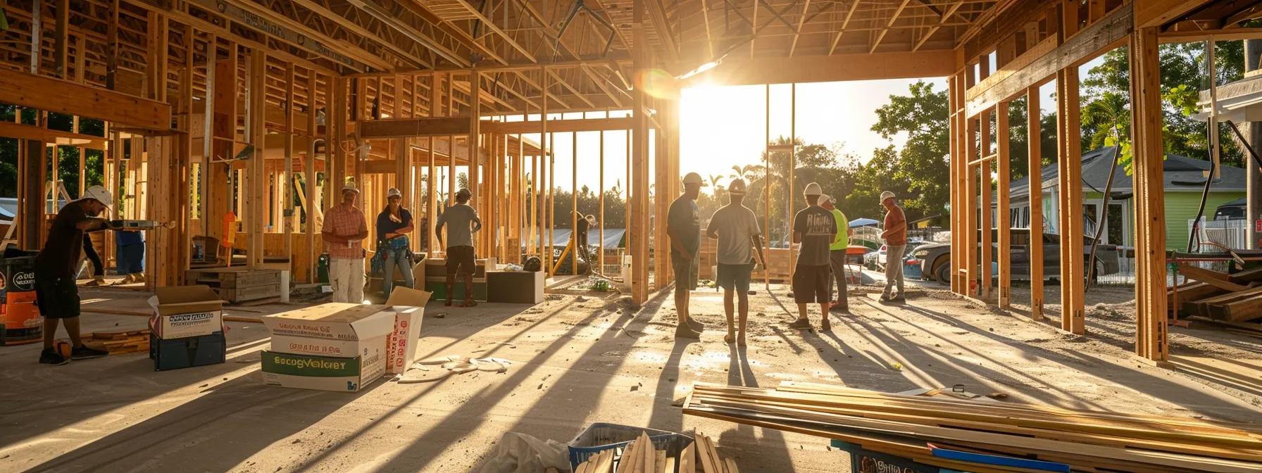 a modern home construction site in vero beach bustling with community members engaging in an open house event, showcasing a collaborative atmosphere with builders and local vendors fostering trust and transparency through active participation.
