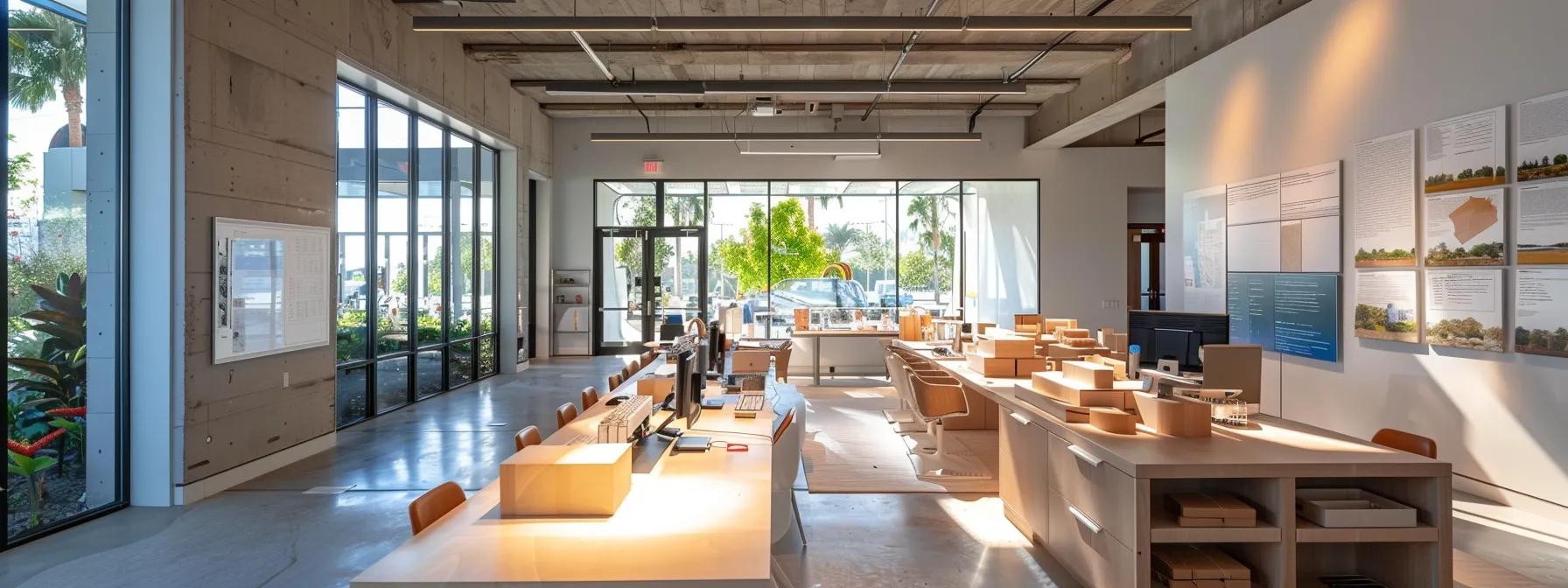 a modern office filled with sleek architectural models and digital screens displays coastal builders collaborating on innovative, eco-friendly housing designs, reflecting their commitment to sustainable living in vero beach.