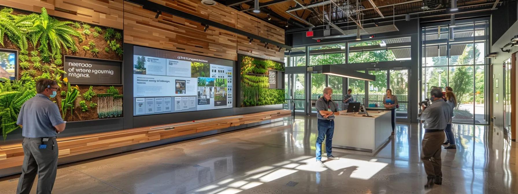 a modern office interior showcases a sleek presentation of sustainable housing benefits, featuring a digital display illustrating reduced utility bills and property values alongside a backdrop of eco-friendly construction materials and professional figures engaged in a focused discussion.