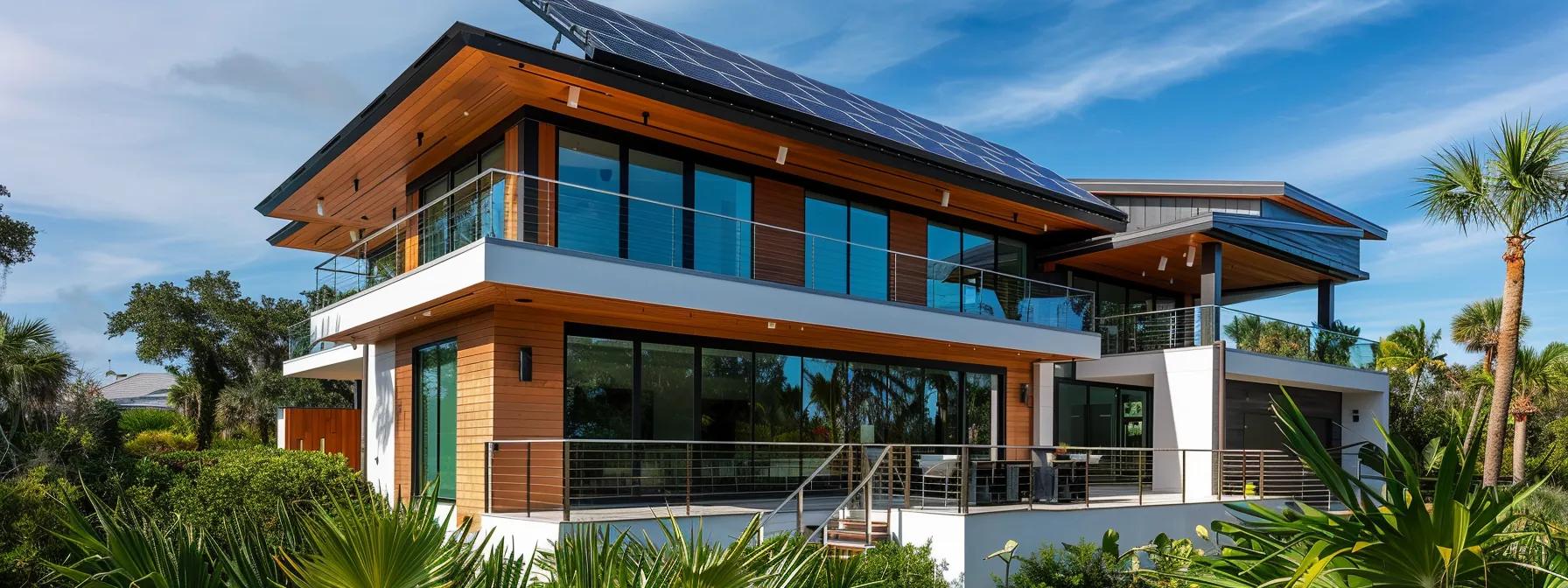 a sleek, modern coastal home in vero beach showcases sustainable building practices with solar panels, high-efficiency insulation, and innovative water reclamation systems, all set against a vibrant blue sky that emphasizes its eco-friendly design.