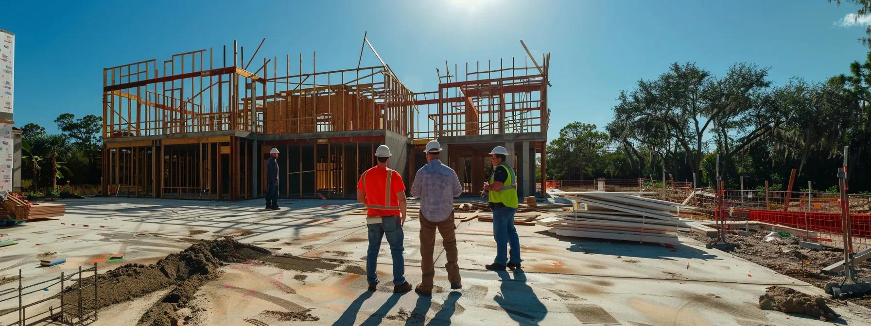 a sleek, modern construction site in vero beach showcases a collaborative team of architects and builders actively discussing blueprints, surrounded by the framework of a custom home under development, emphasizing precision and quality in home construction.
