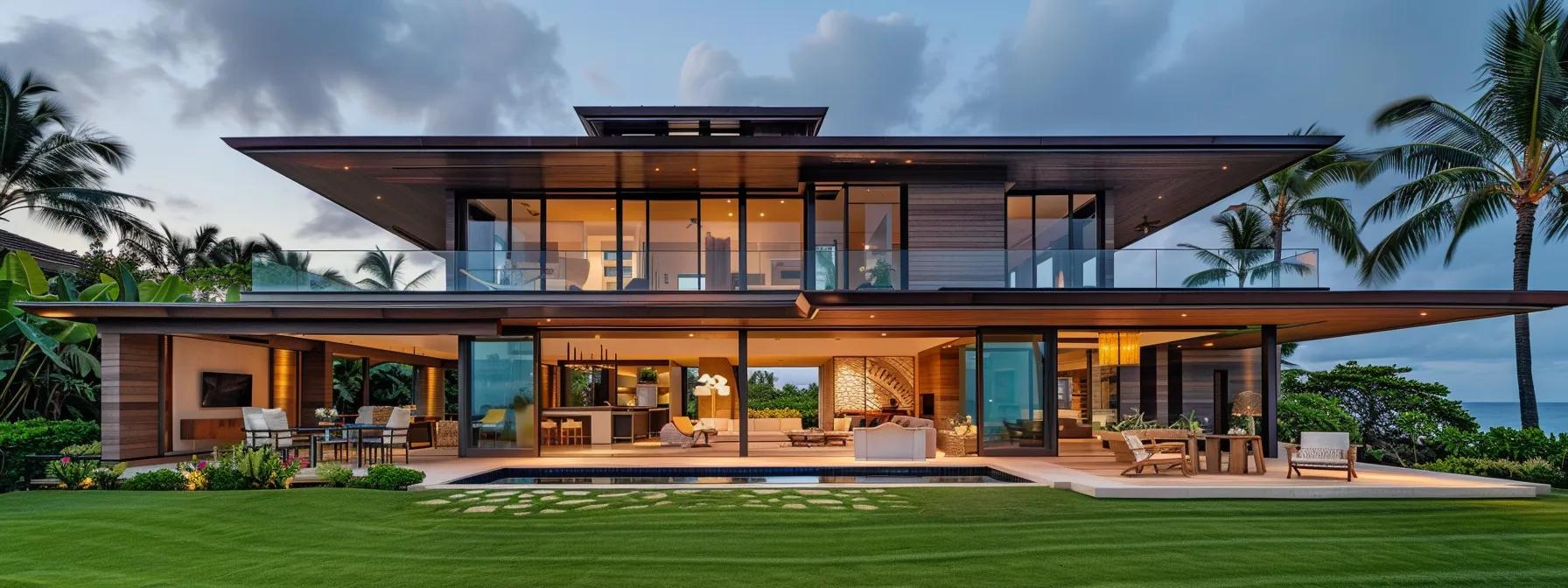 a sleek, modern home with expansive glass walls and an open floor plan showcases coastal-inspired design elements, allowing for seamless indoor-outdoor living with stunning ocean views in an elegant urban setting.