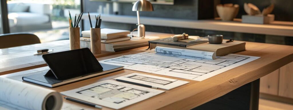 a sleek, modern office desk is loaded with blueprints, sample materials, and a digital tablet, all meticulously arranged to emphasize the strategic planning involved in crafting a perfect custom home builder checklist for luxury residences in vero beach.
