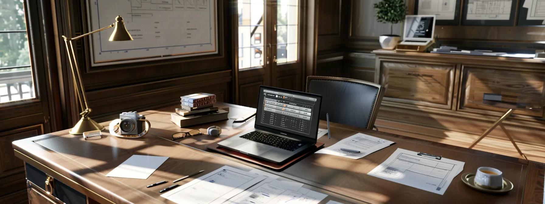 a sleek, modern office environment showcases a visually organized permit and regulation checklist on a polished desk, with a laptop and blueprint prominently displayed, reflecting the meticulous attention to detail required for ensuring code compliance and safety in custom home construction.