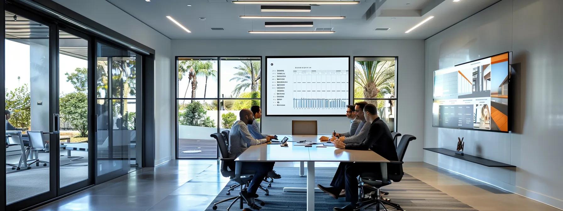 a sleek, modern office filled with dynamic visuals of a digital gantt chart displayed on a large screen, illustrating a detailed project timeline for contemporary home construction in vero beach, with architects and contractors engaged in focused discussions around a minimalist conference table.