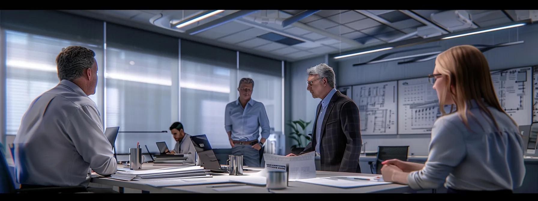 a sleek, modern office setting features a diverse team of professionals collaborating intently over digital financial plans and blueprints for custom homes, illuminated by bright overhead lights that reflect their focused determination to establish a solid fiscal foundation for construction projects in vero beach.