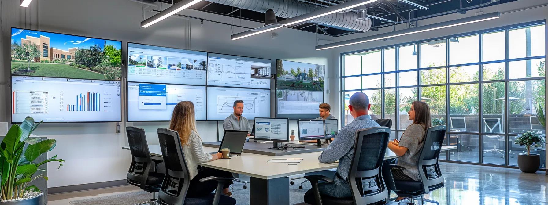 a sleek, modern office space showcases a luxury custom home builder engaging in a dynamic meeting with homeowners, with architectural blueprints and digital screens displaying project updates illuminated under focused artificial lighting.