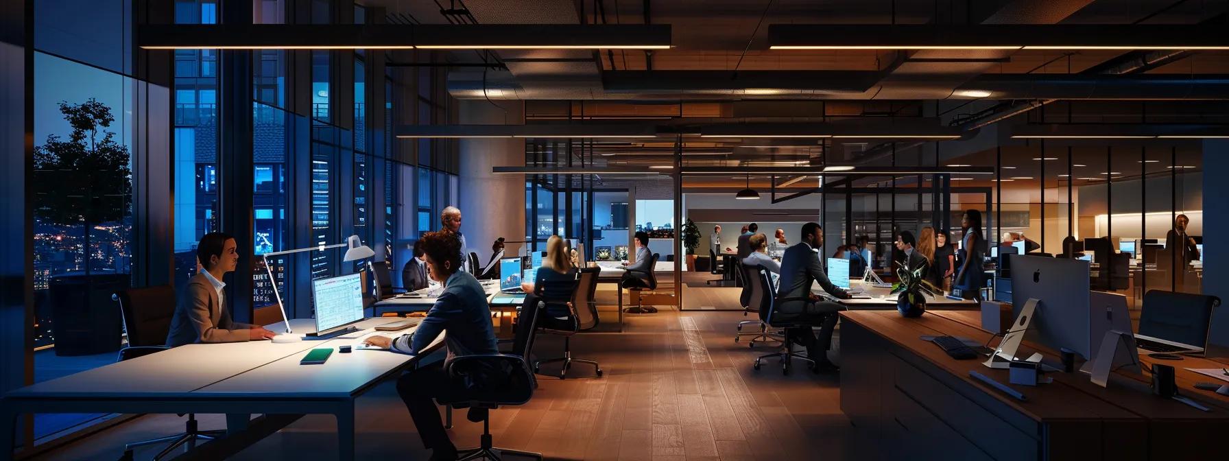 a sleek, modern office space features a diverse team of professionals engaged in a strategic meeting, surrounded by architectural blueprints and digital finance reports, illuminated by ambient lighting that highlights their focused expressions as they discuss construction loan processes and financing strategies.