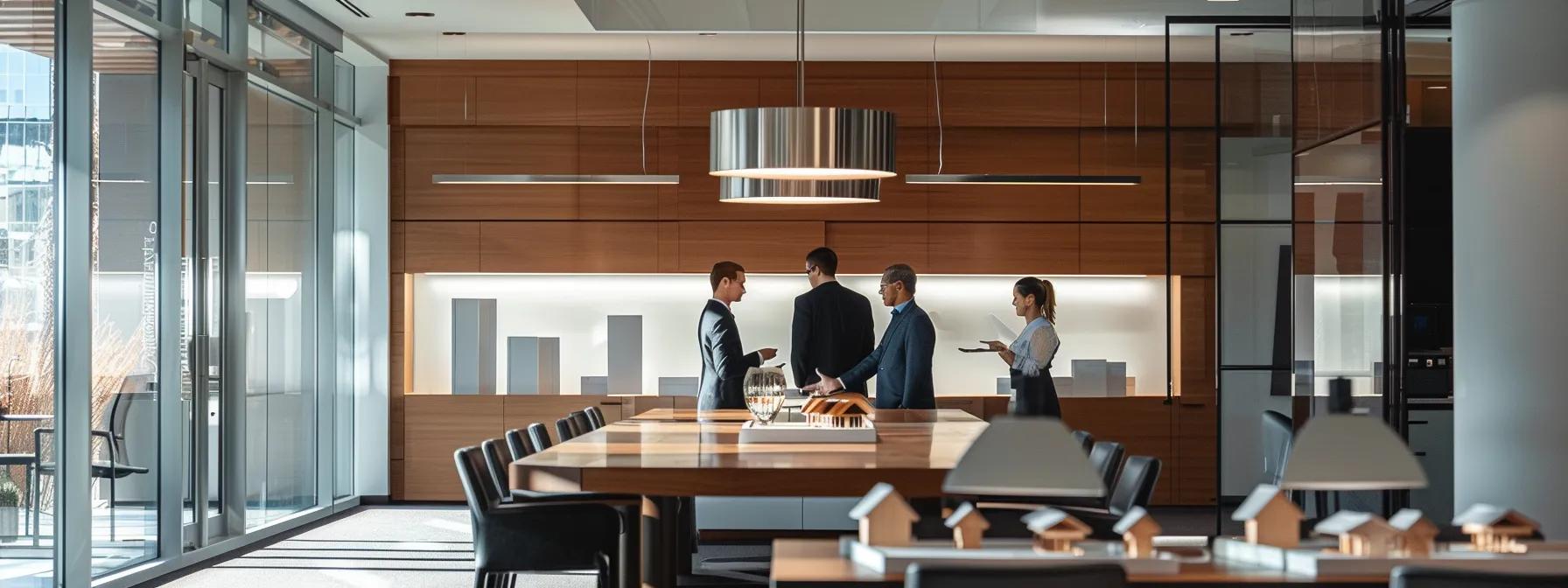 a sophisticated office environment showcasing a sleek conference room with a large table, pristine architectural models of luxury homes, and an engaged group of professionals discussing custom home building plans under modern pendant lighting.