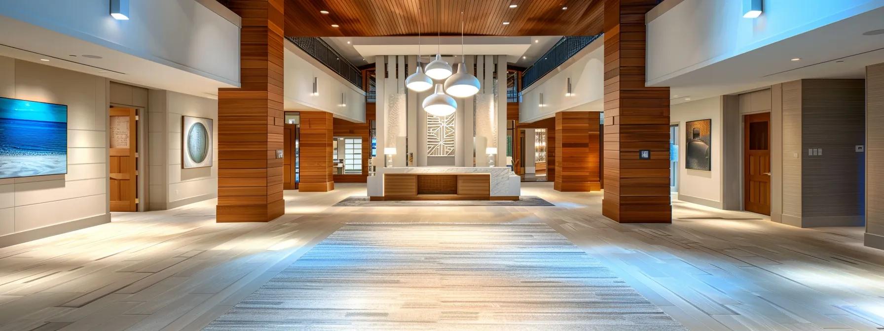a stylishly designed modern home interior showcases high-quality exotic hardwoods and designer finishes, with elegant lighting illuminating a coastal-inspired color palette that reflects the sophisticated charm of vero beach living.