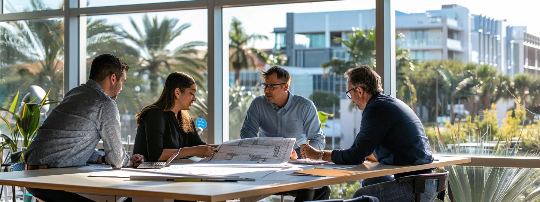 a dynamic office environment in vero beach showcases a diverse team of professionals engaged in a collaborative discussion around architectural blueprints and digital tablets, emphasizing the intricate homebuilding process while a large window reveals urban development in the background.