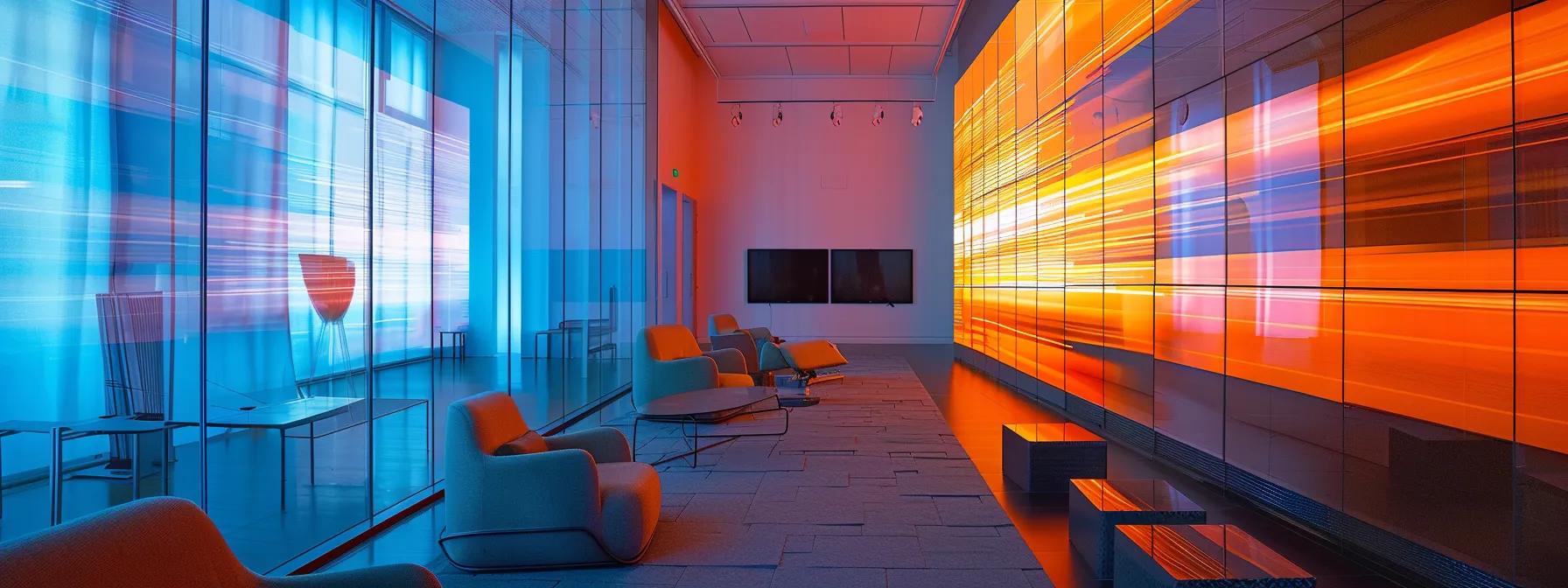 a modern office conference room showcases a vibrant digital presentation on timelines and construction processes for custom built versus pre-designed homes, with sleek furniture and a large screen emphasizing the theme of project efficiency in the construction industry.