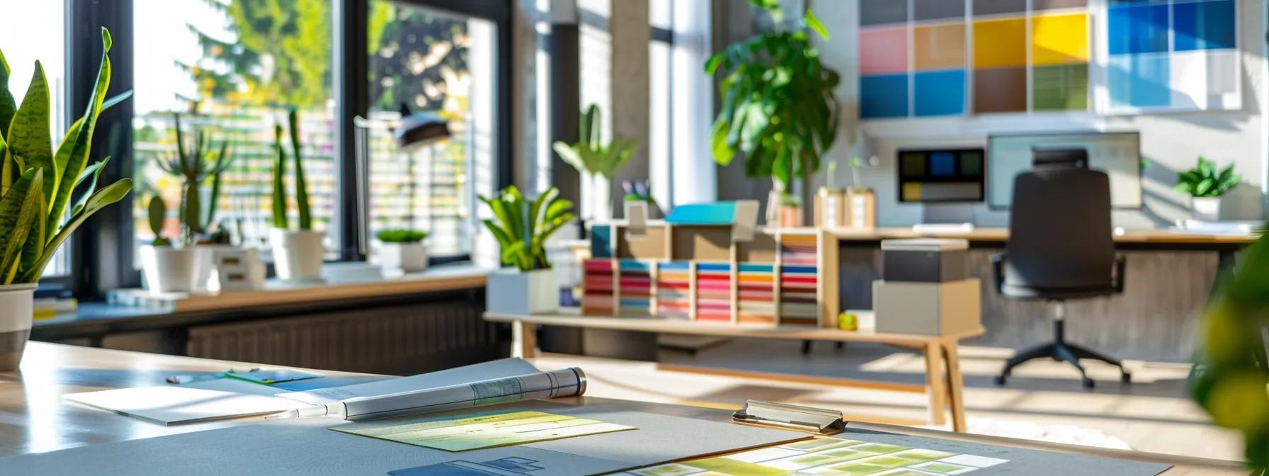 a modern office space showcases a sleek design board filled with vibrant color swatches, material samples, and innovative blueprints, reflecting the limitless creative potential of custom-built home designs tailored for every lifestyle.