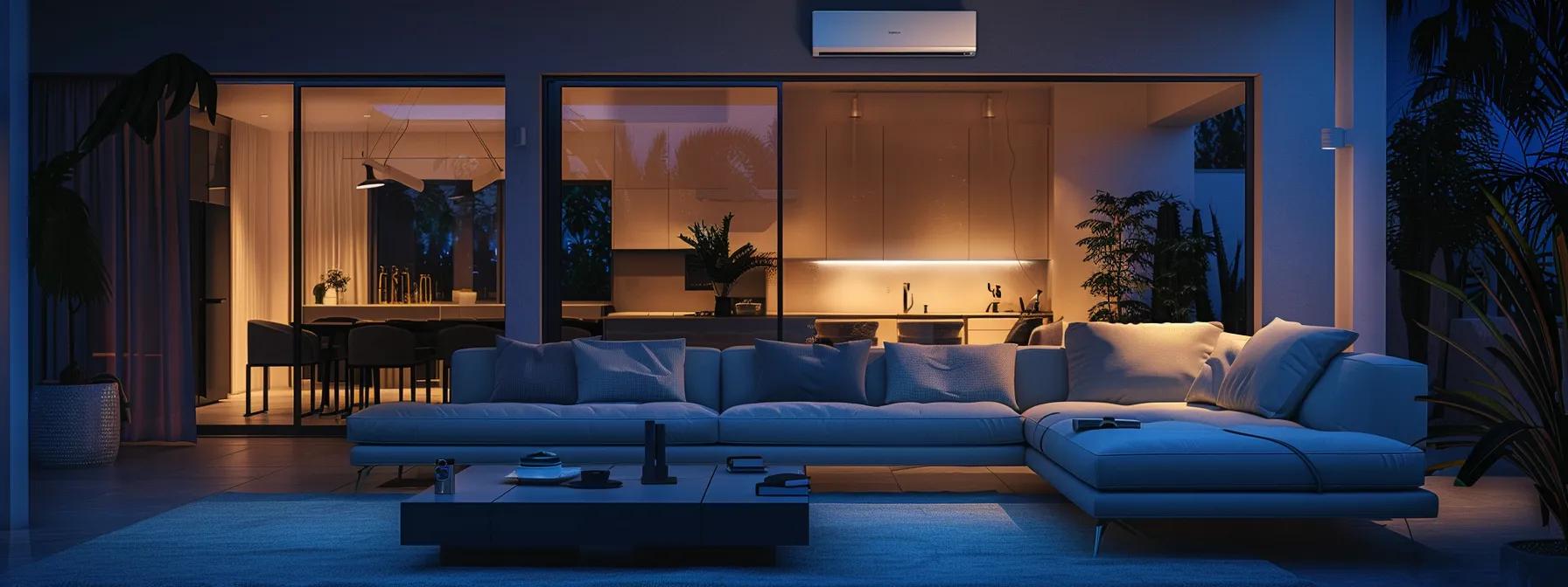 a sleek, modern living room in a newly constructed smart home, showcasing high-efficiency hvac units and energy-efficient features, illuminated by warm ambient lighting that highlights the innovative design and open space.
