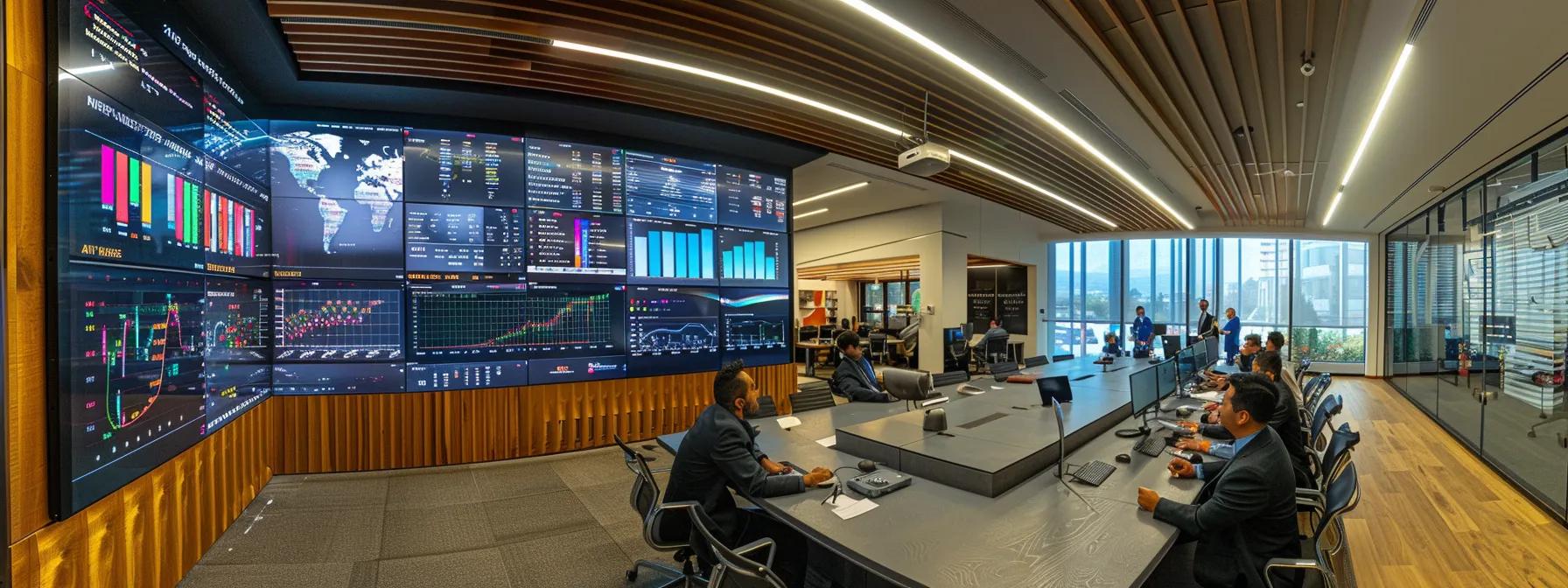 a sleek, modern office meeting room featuring a diverse group of professionals discussing innovative financing options for new construction homes, with a large digital display showcasing mortgage charts and loan structures in the background.