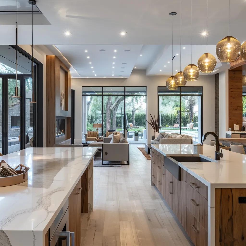 Contemporary open concept home interior showcasing modern design trends with a kitchen island and sliding glass doors
