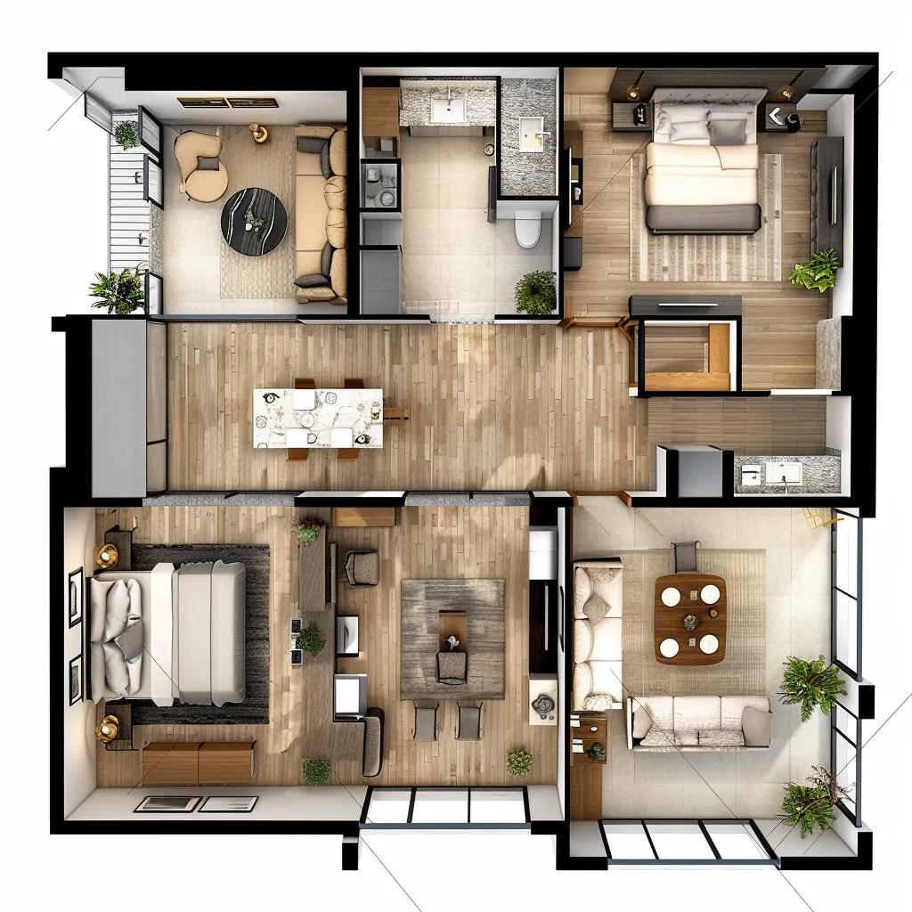 Custom floor plan layout featuring an open concept design with a modern kitchen and living area