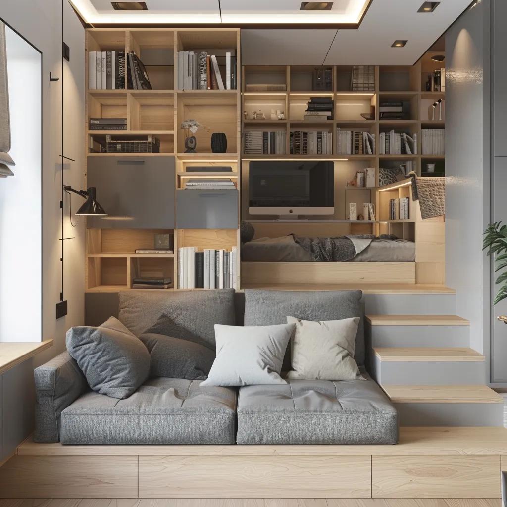 Interior view of a small living space showcasing multi-functional furniture and optimized storage solutions