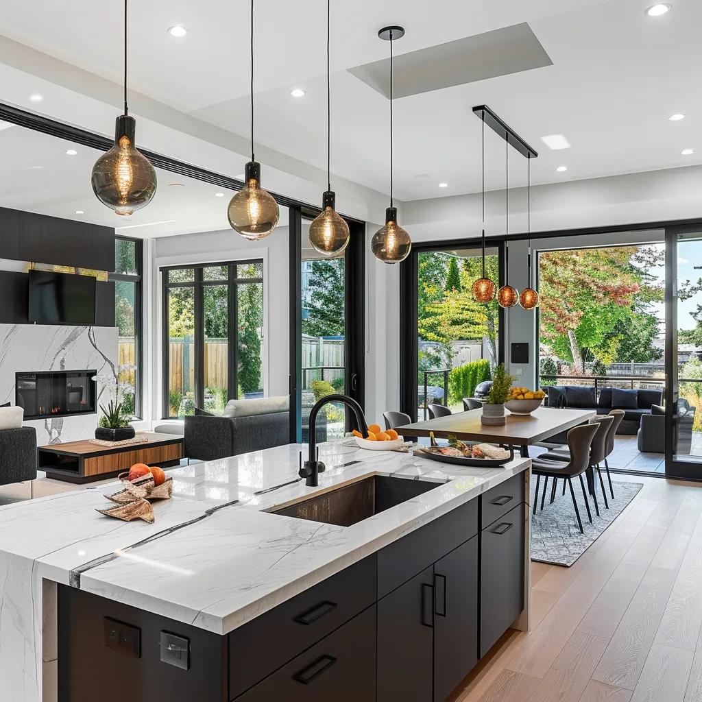 Contemporary open concept home interior showcasing modern design trends with a kitchen island and sliding glass doors