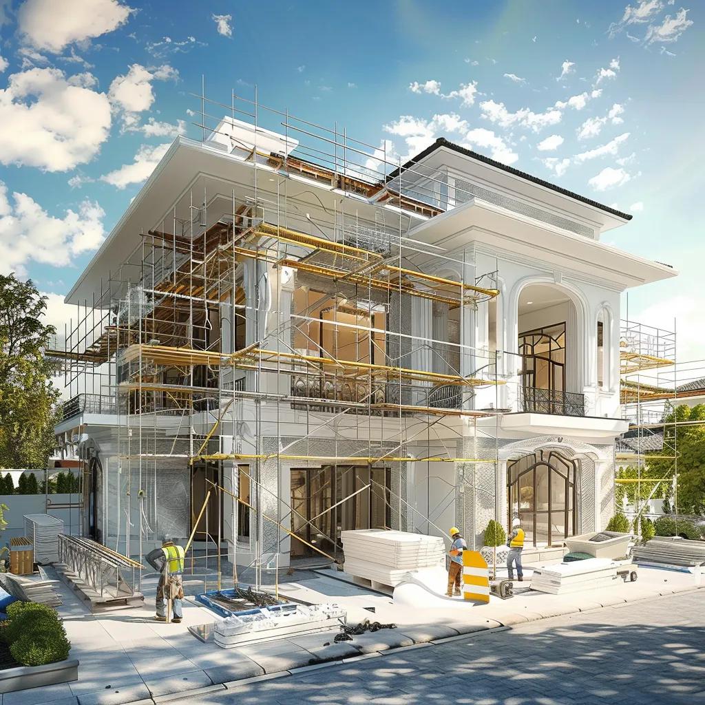 Luxury home construction site with modern architecture and workers collaborating