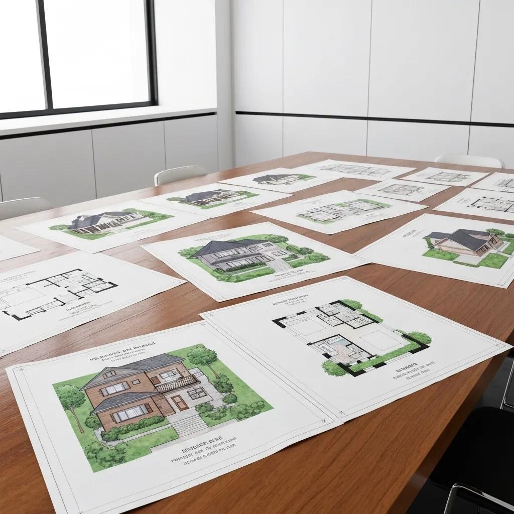 Blueprints and architectural sketches of pre-designed house plans on a table