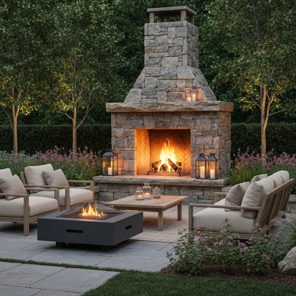 Cozy outdoor fireplace and fire pit creating a warm gathering space in a beautifully landscaped backyard