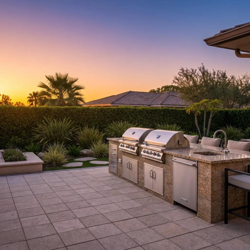 Elegant outdoor kitchen design with built-in grill and granite countertops in a luxurious backyard