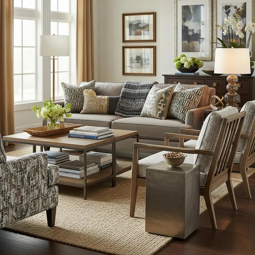 Stylish living room with Ballard Designs furniture showcasing various finishes and a warm, inviting atmosphere